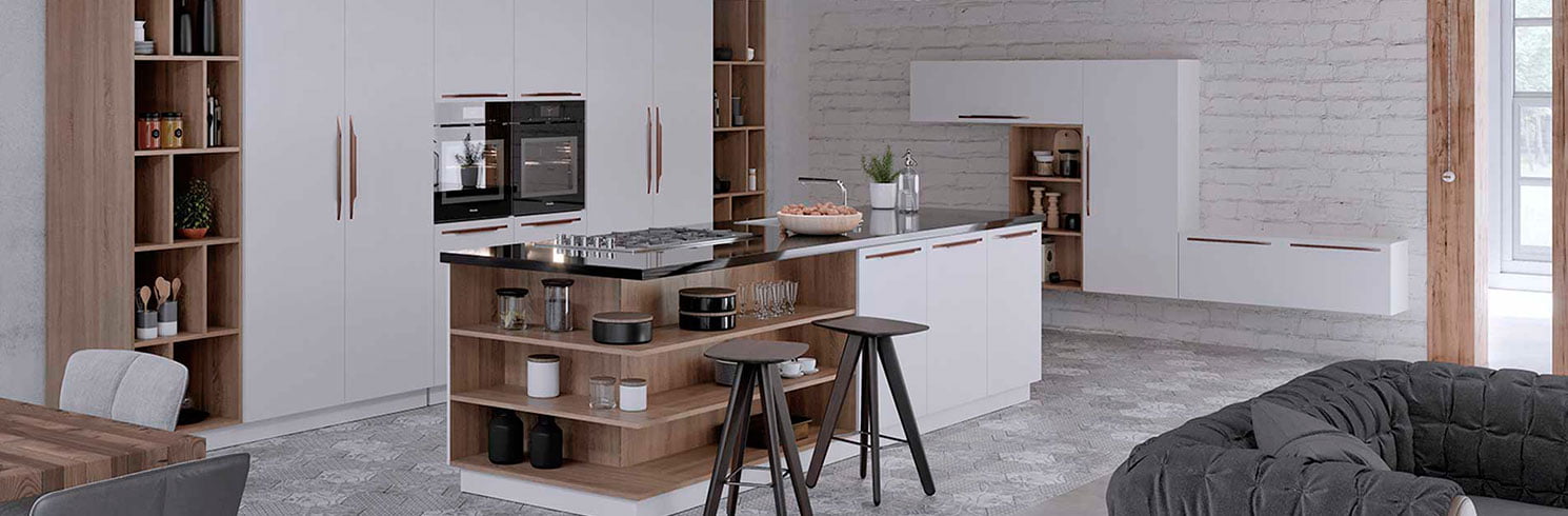 Salón cocina con isla. Alaia Home reforma cocina o baño en Bilbao o Vitoria