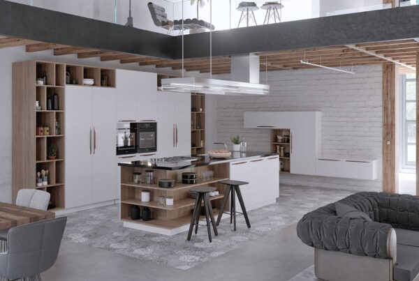 Salón comedor cocina con vigas de madera. Alaia Home reforma cocina o baño en Bilbao, Vitoria o San Sebastian