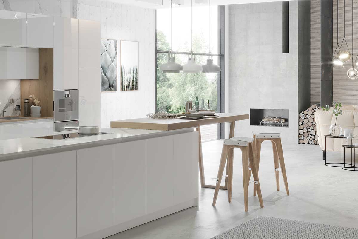 que iluminacion debe tener la cocina cocina blanca luminosa con chimenea al fondo. Alaia Home reforma cocina o baño en Bilbao, Vitoria o San Sebastian